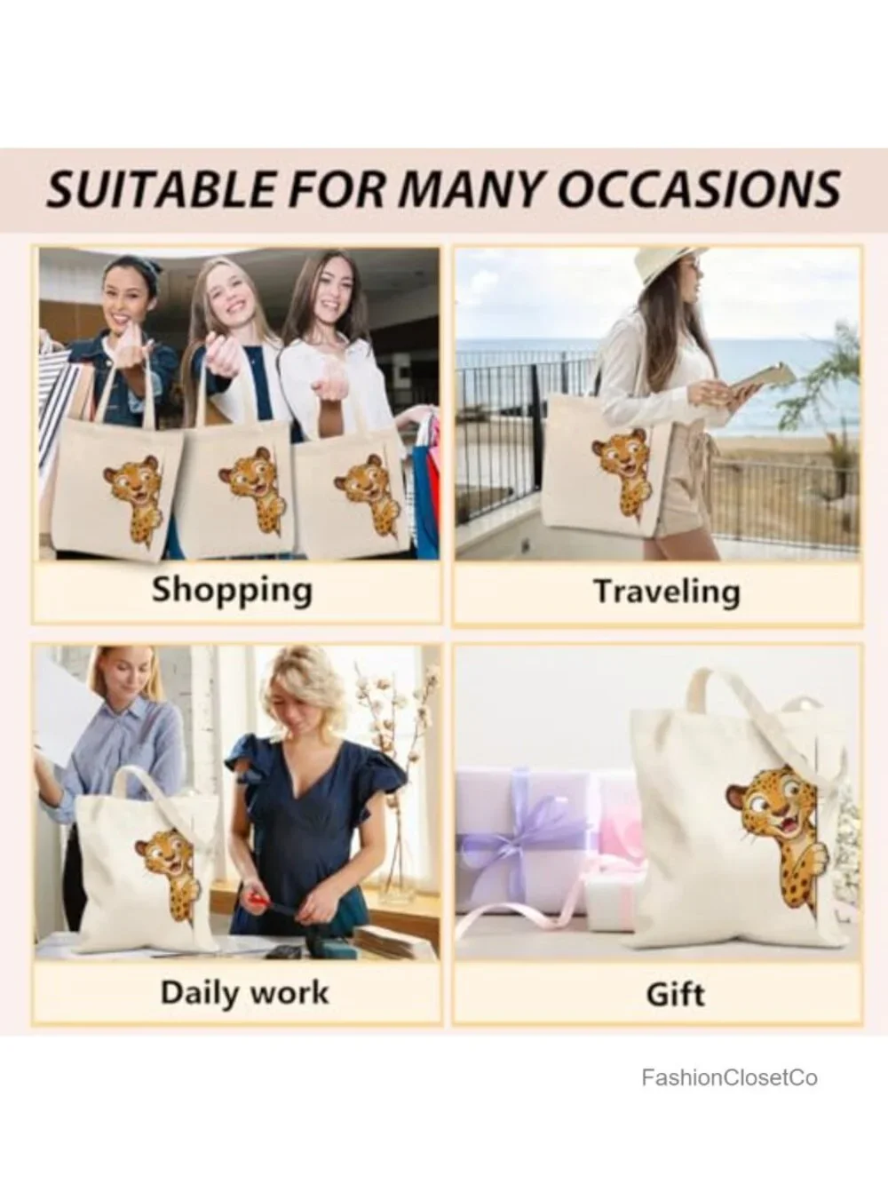 Canvas Tote Bag for Shopping Beach Work, Zippered Inner Pocket, Reusable